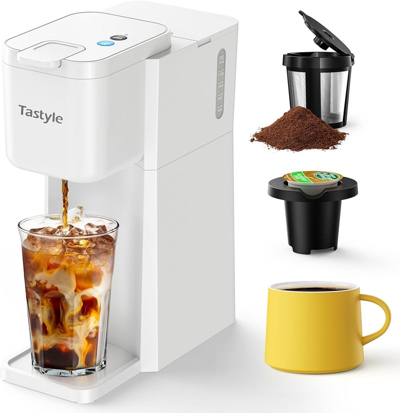 Tastyle Mini Hot and Iced Coffee Maker Single Serve, for K Cup and Ground, 6 to 14 Oz Brew Sizes, with Recipe Book, for Home, Travel, RV, Office and Dorm, Pearl White - Image 1